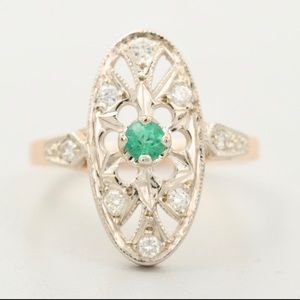 Vintage Russian 14K rose gold diamond emerald ring